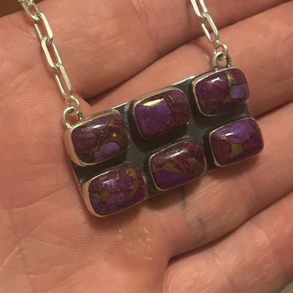 STERLING SILVER NATIVE AMERICAN SW PURPLE MOJAVE TURQUOISE BAR NECKLACE .925 - Picture 6 of 10
